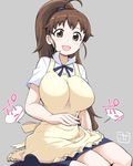  :d apron bowieknife breasts brown_eyes brown_hair commentary_request frills grey_background impossible_clothes large_breasts long_hair looking_at_viewer no_shoes open_mouth patting patting_lap ponytail seiza simple_background sitting smile solo taneshima_popura waitress working!! 