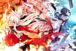  arms_up black_hair bug butterfly cape chloe_von_einzbern commentary_request embers fate/kaleid_liner_prisma_illya fate_(series) feathers fire gears illyasviel_von_einzbern insect long_hair magical_girl miyu_edelfelt multiple_girls navel pink_hair revision shinooji smile staff tarot unlimited_blade_works white_hair 