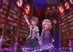  ;d blonde_hair bookshelf bow brown_eyes brown_hair dress e.o. hat hat_bow hat_ribbon holding_hands lamp library maribel_hearn mob_cap multiple_girls necktie one_eye_closed open_mouth purple_dress raised_fist red_eyes ribbon shirt skirt smile touhou translation_request usami_renko voile wide_sleeves 