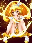  absurdres bad_id bad_pixiv_id bare_legs bike_shorts blonde_hair blush bow brown_background choker cure_peace earrings electricity full_body hair_flaps highres jewelry kise_yayoi long_hair magical_girl precure sharumon shoes shorts shorts_under_skirt sitting skirt smile smile_precure! solo v white_footwear yellow_bow yellow_eyes yellow_shorts yellow_skirt 