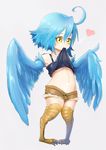  ahoge blue_hair blue_wings breasts feathered_wings feathers full_body hap_sunnyday harpy heart monster_girl monster_musume_no_iru_nichijou mouth_hold navel papi_(monster_musume) short_shorts shorts simple_background small_breasts solo standing talons underboob wings yellow_eyes 