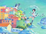  asaki_leaf bird building cat city cloud colorful day flying original school_uniform serafuku skirt skirt_lift sky solo surreal umbrella umbrella_riding 