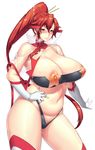  areola_slip areolae breasts cape covered_nipples curvy gloves hakai_shin highres huge_breasts long_hair plump ponytail pussy_juice red_hair solo space_yoko star tengen_toppa_gurren_lagann thick_thighs thighhighs thighs yellow_eyes yoko_littner 