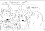  2015 anthro black_and_white breasts buckteeth colliefleur dialogue elpatrixf english_text female flammin&#039;go french_text furfrou group hat human male mammal marissa monochrome nintendo open_mouth pansear pok&eacute;mon pok&eacute;mon_trainer pok&eacute;morph quilladin simple_background text video_games white_background 