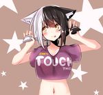  :&gt; :p angry_num animal_ears bad_id bad_pixiv_id black_hair blush breasts bunching_hair cat_ears cleavage english highres large_breasts midriff multicolored_hair navel original seren_(angry_num) short_twintails smile solo star tongue tongue_out twintails two-tone_hair white_hair yellow_eyes 