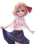  arai_togami bare_arms blonde_hair breasts fang hair_ribbon highres looking_at_viewer navel open_clothes open_mouth open_shirt red_eyes ribbon rumia shirt short_hair simple_background skirt skirt_hold sleeveless sleeveless_shirt small_breasts solo touhou white_background 