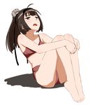  ahoge akizuki_(kantai_collection) barefoot bikini black_hair blush body_blush collarbone commentary_request d: full_body grey_eyes hair_ornament hairband kantai_collection leaning_back leg_hug legs_together long_hair looking_up ojipon open_mouth ponytail protected_link red_bikini shadow simple_background sitting solo sweat swimsuit white_background 
