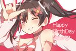  ;) bangs black_hair bokutachi_wa_hitotsu_no_hikari bow bowtie character_name choker detached_sleeves flower grin hair_between_eyes hair_flower hair_ornament happy_birthday looking_at_viewer love_live! love_live!_school_idol_project one_eye_closed red_eyes short_hair smile solo striped striped_bow striped_neckwear twintails yazawa_nico ytk_(yutta-p) 