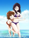  b_(papiopine) bikini breasts brown_hair cleavage eyes_closed glasses gradient gradient_background headlock hibike!_euphonium long_hair multiple_girls one_eye_closed oumae_kumiko purple_eyes short_hair swimsuit tanaka_asuka underwear wavy_hair 