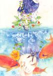  asaki_leaf blue_hair closed_eyes fish original plant skirt smile standing starfish surreal underwater walking 