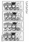  &gt;_&lt; 4girls 4koma absurdres akatsuki_(kantai_collection) anchor_symbol animal_ears bad_id bad_twitter_id closed_eyes comic dog_ears dog_tail drinking fang flat_cap greyscale hammer_and_sickle hat hibiki_(kantai_collection) highres ikazuchi_(kantai_collection) inazuma_(kantai_collection) jitome kantai_collection kemonomimi_mode long_hair monochrome multiple_girls nanodesu_(phrase) neckerchief nonono_(mino) o_o open_mouth pleated_skirt short_hair short_sleeves skirt sweat tail translated trembling verniy_(kantai_collection) 