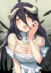  albedo bad_id bad_pixiv_id bare_shoulders black_hair blush breasts cccpo cleavage demon_girl detached_collar dress feathers highres horns large_breasts long_hair overlord_(maruyama) shiny shiny_hair slit_pupils solo sweatdrop tongue translucent_hair yellow_eyes 