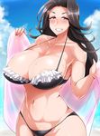  areola_slip areolae bikini black_hair blue_sky blush breasts cleavage cloud collarbone day frilled_bikini frills grin highres huge_breasts idolmaster idolmaster_cinderella_girls jewelry long_hair looking_at_viewer mumumu_(three_emu) navel necklace outdoors pubic_hair purple_eyes sky smile solo sweat swimsuit takahashi_reiko towel 