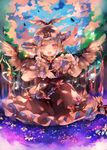  animal_ears beamed_eighth_notes bird bird_wings blue_sky brown_dress cha_goma commentary dress eighth_note forest hat highres juliet_sleeves long_sleeves music musical_note mystia_lorelei nature pink_eyes pink_hair puffy_sleeves quarter_note singing sky solo touhou wings 