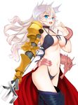  :d absurdres armor bad_id bad_pixiv_id bikini_armor blue_eyes breasts choker dungeons_&amp;_princess front-tie_top gauntlets highres kanna_kanaki looking_at_viewer medium_breasts navel open_mouth polearm seahorse simple_background smile solo weapon white_background white_hair 