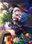  bare_shoulders black_legwear blush cutting elbow_gloves flower gloves hat highres jewelry kasugaya_(howafuwacat) long_hair original red_eyes rose scissors shiny shiny_skin silver_hair sitting skirt smile solo thighhighs witch_hat zettai_ryouiki 