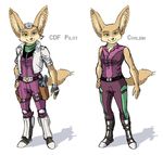  anthro bare_shoulders belt black_nose boots brown_fur canine clothing english_text fara_phoenix female fennec fingerless_gloves footwear fox fur gloves green_eyes gun handgun headset jacket long_ears mammal nintendo ranged_weapon scarf simple_background smile solo star_fox text unknown_artist video_games weapon 