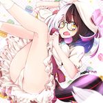  abstract_background angry_num artist_name ass bad_id bad_pixiv_id black_hair commentary dress fang food frilled_dress frills glasses highres lens_flare macaron multicolored_hair original panties pink_ribbon ribbon seren_(angry_num) solo tail tattoo two-tone_hair underwear white_hair white_panties yellow_eyes 
