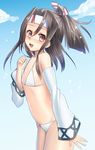  :d bare_shoulders bikini brown_hair covered_nipples day detached_sleeves flat_chest from_side hair_ribbon headband high_ponytail kantai_collection keita_(tundereyuina) long_hair long_sleeves looking_at_viewer micro_bikini open_mouth ponytail ribbon smile solo stomach swimsuit white_bikini zuihou_(kantai_collection) 