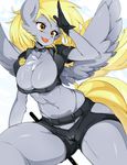 2015 animal_ears anthro anthrofied badge belt big_breasts black_gloves blonde_hair breasts brown_eyes cameltoe chest_tuft cleavage clothed clothing crop_top cross_eyed curvy derpy_hooves derpy_hooves_(mlp) detached_collar equine feathered_wings female friendship_is_magic fur furry gloves gradient gradient_background grey_fur grey_skin hair horse_ears horse_tail large_breasts long_hair mammal midriff my_little_pony my_little_pony_friendship_is_magic navel outside pegasus police_badge police_baton police_uniform salute short_shorts shorts slugbox solo stomach tail thick_thighs tonfa tongue tongue_out tuft wide_hips wings 
