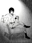  armband bleach bleach:_the_thousand-year_blood_war boots chair crossed_legs gloves greyscale highres male_focus military military_jacket military_uniform monochrome solo uniform wandenreich yhwach younger 