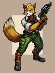  anthro belt black_nose boots brown_fur canine clothing fingerless_gloves footwear fox fox_mccloud fur gloves green_eyes gun handgun jacket male mammal nintendo ranged_weapon scarf signature simple_background solo star_fox thelivingshadow video_games weapon white_fur 