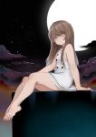  arm_support bangs bare_shoulders barefoot cloud dress feet full_moon handesu highres legs long_hair looking_at_viewer moon night night_sky original outdoors short_dress sitting sky solo toes white_dress 