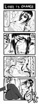  4koma black_legwear breast_rest breasts comic cyclops food fruit game_boy_advance greyscale handheld_game_console highres large_breasts mandarin_orange monochrome monster_girl one-eyed original ponytail sangyou_haikibutsu_(turnamoonright) tears translation_request trembling 