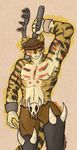 2015 anthro biceps black_nose cat claws clothed clothing feline fur green_eyes headband looking_at_viewer male mammal muscles nipples simple_background solo stripes tiger tolbi traditional_media_(artwork) warrior weapon 