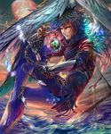  bad_id bad_pixiv_id blue_eyes blue_hair chain feathers fingernails gauntlets highres male_focus moon nail_polish ornament red_moon shingoku_no_valhalla_gate shipwreck toki_udon waves wings 