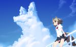 animal_ears bad_id bad_pixiv_id bow brown_eyes building cloud day fox_ears fox_tail highres leaning long_hair original pleated_skirt railing school_uniform skirt sky smile solo syego tail twitter_username wind 