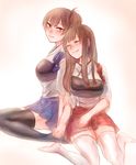  akagi_(kantai_collection) black_legwear blush brown_eyes brown_hair closed_eyes ears hakama_skirt highres holding_hands interlocked_fingers kaga_(kantai_collection) kantai_collection long_hair multiple_girls muneate nose_blush side_ponytail sitting smile tama_wo tasuki thighhighs wariza white_legwear yuri zettai_ryouiki 