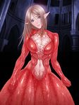  1girl biosuit blue_eyes breasts brown_hair cleavage cleavage_cutout cutout detached_collar dress elf female highres indoors large_breasts living_clothes long_hair long_sleeves looking_at_viewer navel pointy_ears red_dress shibata_kozue shiny shiny_skin solo standing 