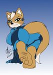  anthro barefoot bodysuit butt canine clothing crossover eyewear feet female foot_focus fox fox_mccloud headset looking_back makeup mammal marshall_fox nintendo rubber signature simple_background skinsuit soles solo star_fox toes video_games zero_suit_fox 