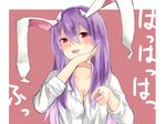  animal_ears breasts bunny_ears cleavage collarbone highres laughing long_hair long_sleeves medium_breasts nagata_nagato ojou-sama_pose open_mouth pointing pointing_at_viewer purple_hair red_eyes reisen_udongein_inaba shirt solo touhou upper_body 