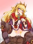  1girl amagaeru_(hylathewet) artist_request blonde_hair blush boots breasts cagliostro_(granblue_fantasy) cape clothed_sex crown cum cum_in_pussy ejaculation girl_on_top gradient gradient_background granblue_fantasy hair_ornament heavy_breathing long_hair naughty_face navel nipples open_mouth orgasm penis purple_eyes pussy sex skirt skirt_lift smile thighhighs vaginal 