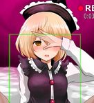  bed_sheet blonde_hair blush covering_one_eye han_(jackpot) hand_on_own_face hat lunasa_prismriver out-of-frame_censoring recording short_hair solo touhou upper_body viewfinder yellow_eyes 