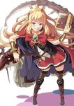  blonde_hair blush book brown_legwear cagliostro_(granblue_fantasy) crown granblue_fantasy grin holding holding_book long_hair purple_eyes shiseki_hirame skirt smile solo thighhighs 