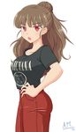  blush brown_hair eyebrows hands_on_hips idolmaster idolmaster_cinderella_girls kamiya_nao long_hair nirvana_(band) open_mouth red_eyes s_kite simple_background solo 