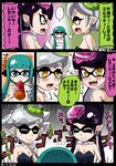  3girls androgynous anger_vein aori_(splatoon) black_hair blue_eyes blue_hair blush breasts cleavage closed_eyes domino_mask earrings fangs food food_on_head highres hotaru_(splatoon) inkling jewelry mask medium_breasts mole mole_under_eye multiple_girls object_on_head pointy_ears splatoon_(series) splatoon_1 squidbeak_splatoon sushi tentacle_hair translated usa_(dai9c_carnival) 