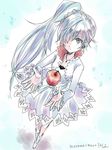  apple blue_eyes dress food fruit hair_over_one_eye long_hair moromoimaru ponytail rwby scar scar_across_eye solo weiss_schnee white_hair 