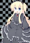  blonde_hair blue_eyes checkered checkered_background dress gothic_lolita hasumi_takashi lolita_fashion long_hair looking_at_viewer original smile solo 