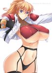  blonde_hair blue_eyes breasts collarbone covered_nipples excellen_browning fingerless_gloves gloves haganef huge_breasts jacket lingerie navel solo super_robot_wars thighs underboob underwear 