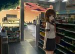  angelique brown_hair convenience_store long_hair looking_at_viewer original ponytail school_uniform serafuku shop skirt solo standing sunset 