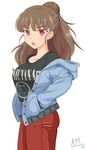  blush brown_hair eyebrows hands_in_pockets idolmaster idolmaster_cinderella_girls jacket kamiya_nao long_hair nirvana_(band) open_mouth red_eyes s_kite simple_background solo 