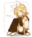  arm_warmers blonde_hair blue_eyes character_name full_body hair_ornament hair_ribbon hairclip headset kagamine_rin leg_warmers looking_at_viewer mikanniro ribbon sailor_collar short_hair shorts sitting solo vocaloid white_ribbon 