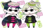  aori_(splatoon) black_dress black_hair chibi detached_collar dress earrings food food_on_head gaiko_kujin green_legwear hotaru_(splatoon) jewelry long_hair mole mole_under_eye multiple_girls object_on_head pantyhose purple_legwear short_hair short_jumpsuit simple_background splatoon_(series) splatoon_1 strapless strapless_dress sushi white_background 