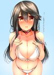  bad_id bad_nicoseiga_id bikini black_hair blush breast_suppress breasts brown_eyes choker cleavage hair_ornament hairclip haruna_(kantai_collection) heart highres kantai_collection large_breasts long_hair open_mouth simple_background solo swimsuit translation_request tsukui_kachou 