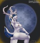  2015 abstract_background anthro antlers big_breasts blonde_hair blue_eyes blue_hair breasts butt cervine ear_piercing female hair horn mammal multicolored_hair nipples open_mouth piercing popcornpanic pose raised_arm simple_background solo 