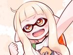  :d ahoge arm_up bad_id bad_twitter_id blush cho_bi domino_mask inkling long_hair mask open_mouth orange_eyes pointy_ears shoes smile sneakers solo splatoon_(series) splatoon_1 squid tentacle_hair white_hair 